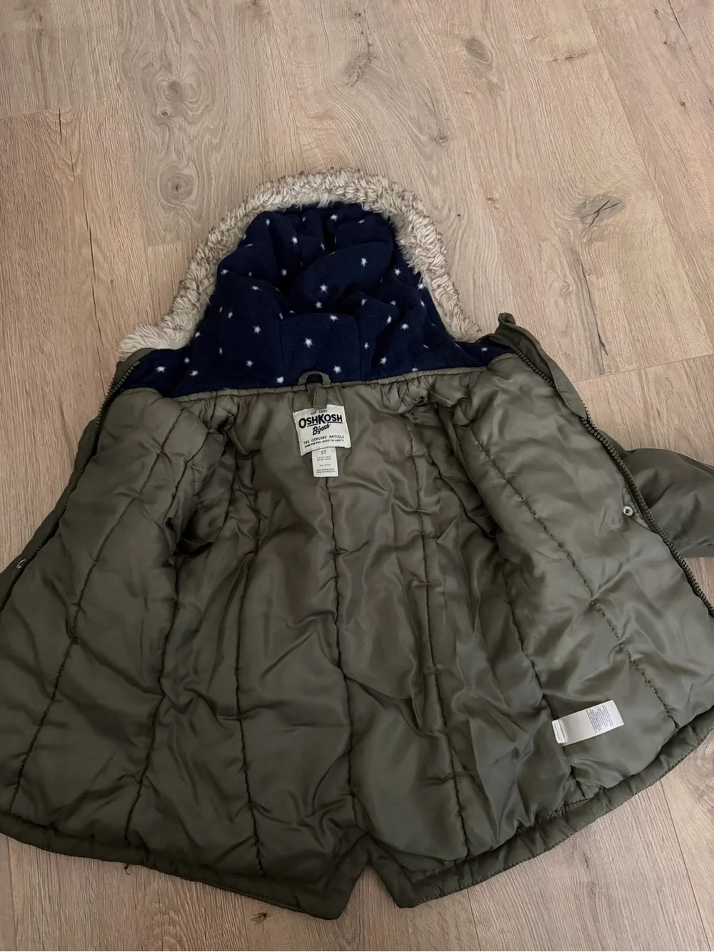 Girls Olive Green Hooded Winter Coat with Faux Fur Trim